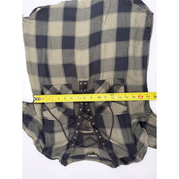 Express Plaid Lace-Up‎ Long Sleeve Top Womens Small Olive Green Black Casual - Picture 15 of 16